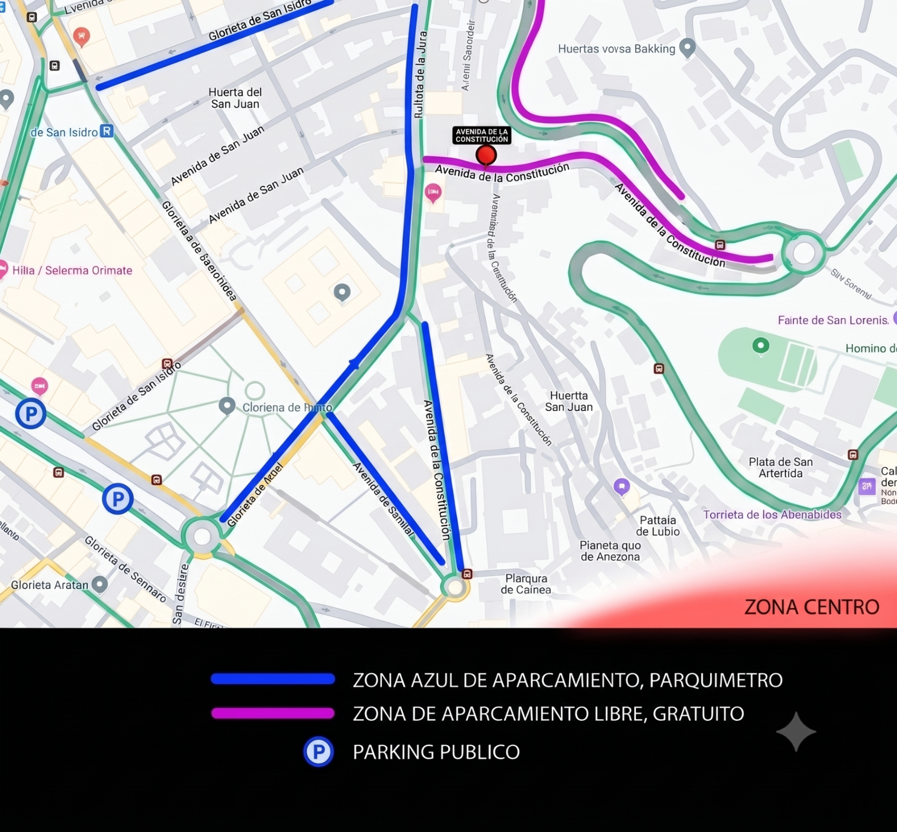 Mapa oficial de accesos y zonas de parking libre y regulado en el Albaicín bajo, Granada - Camarón Suite